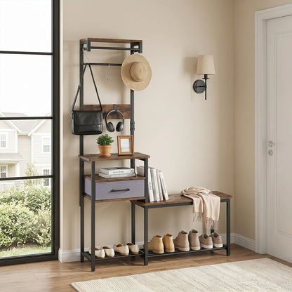 Hall Tree Shoe Bench and Storage Hooks Brown