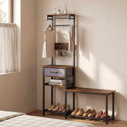 Hall Tree Shoe Bench and Storage Hooks Brown