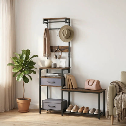Hall Tree Shoe Bench and Storage Hooks Brown