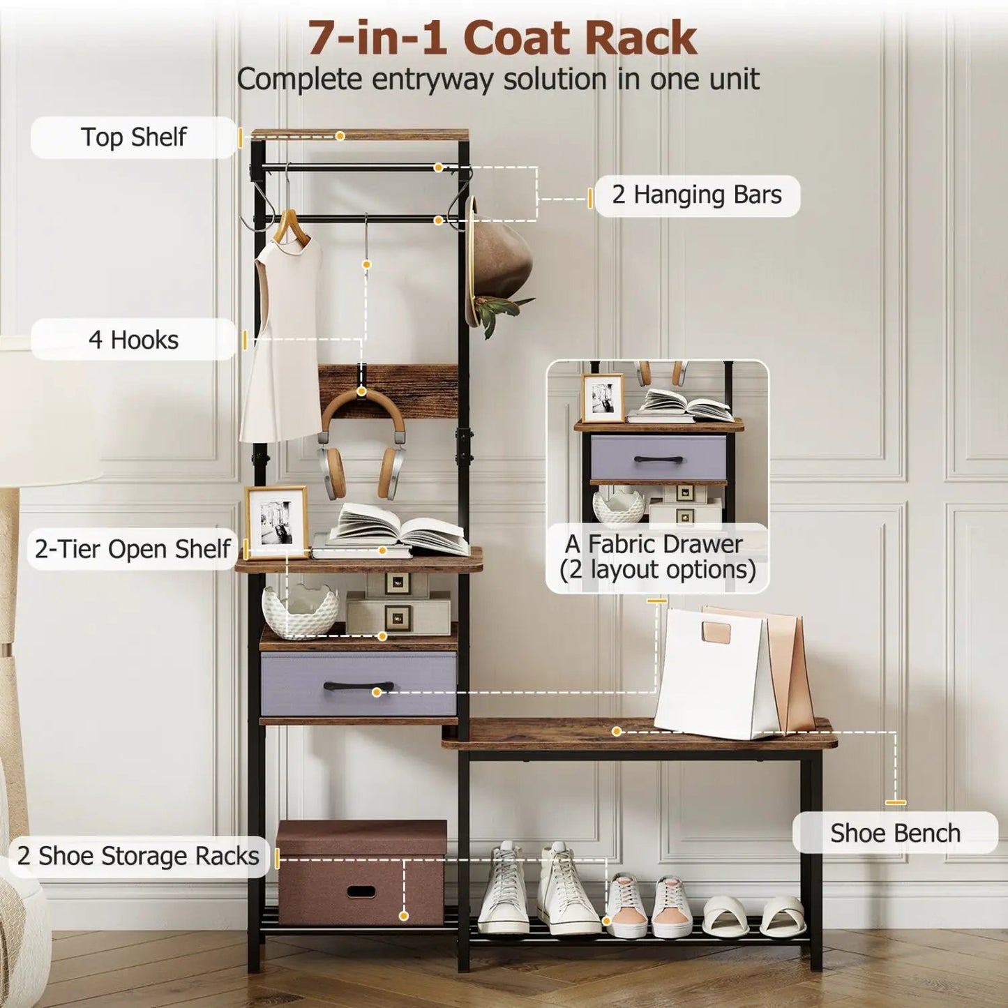 Hall Tree Shoe Bench and Storage Hooks Brown