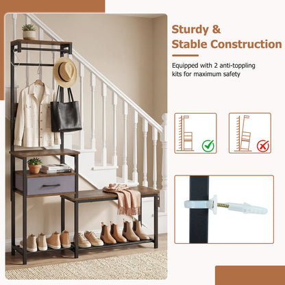 Hall Tree Shoe Bench and Storage Hooks Brown