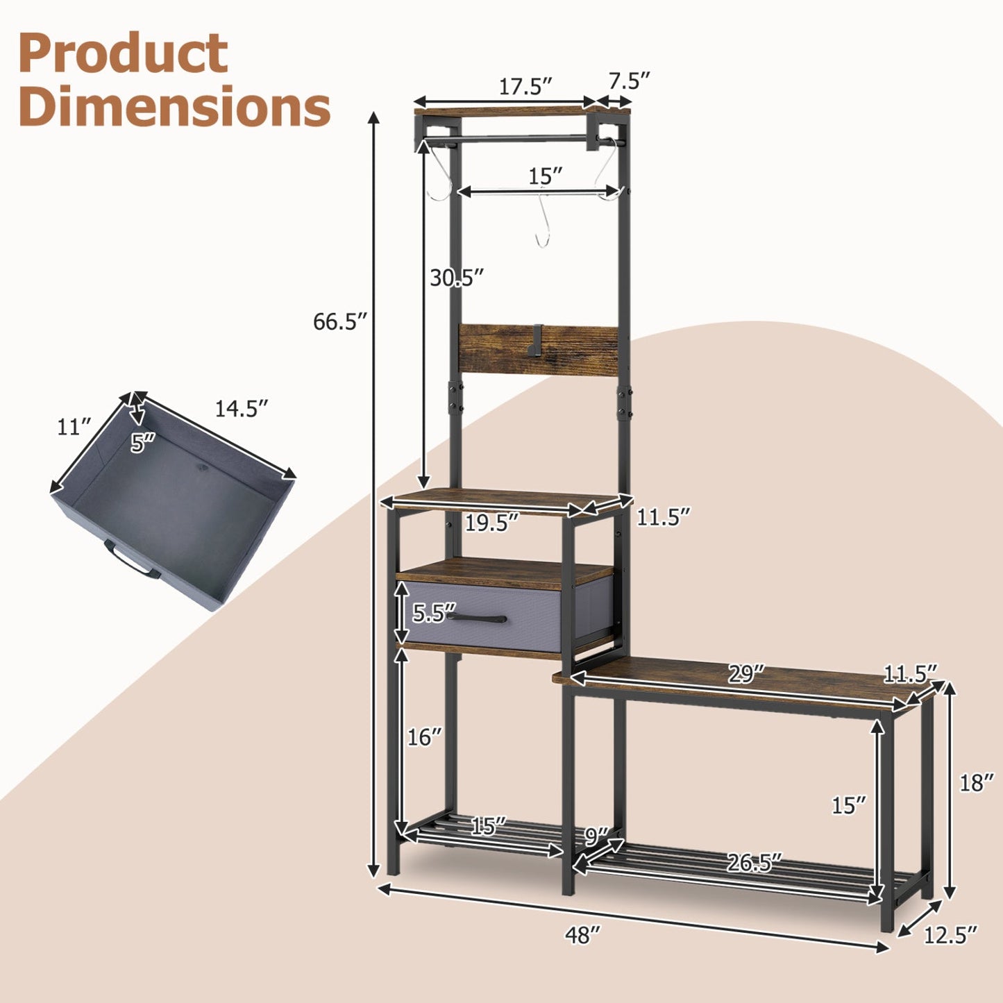 Hall Tree Shoe Bench and Storage Hooks Brown