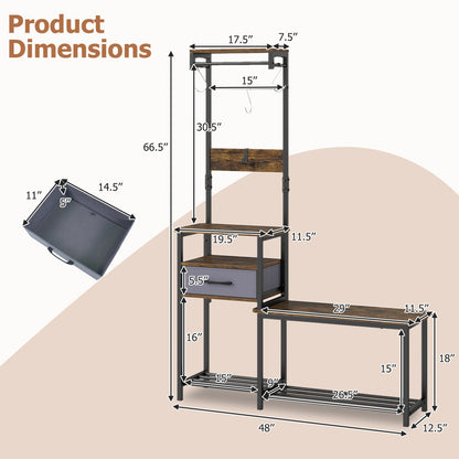 Hall Tree Shoe Bench and Storage Hooks Brown