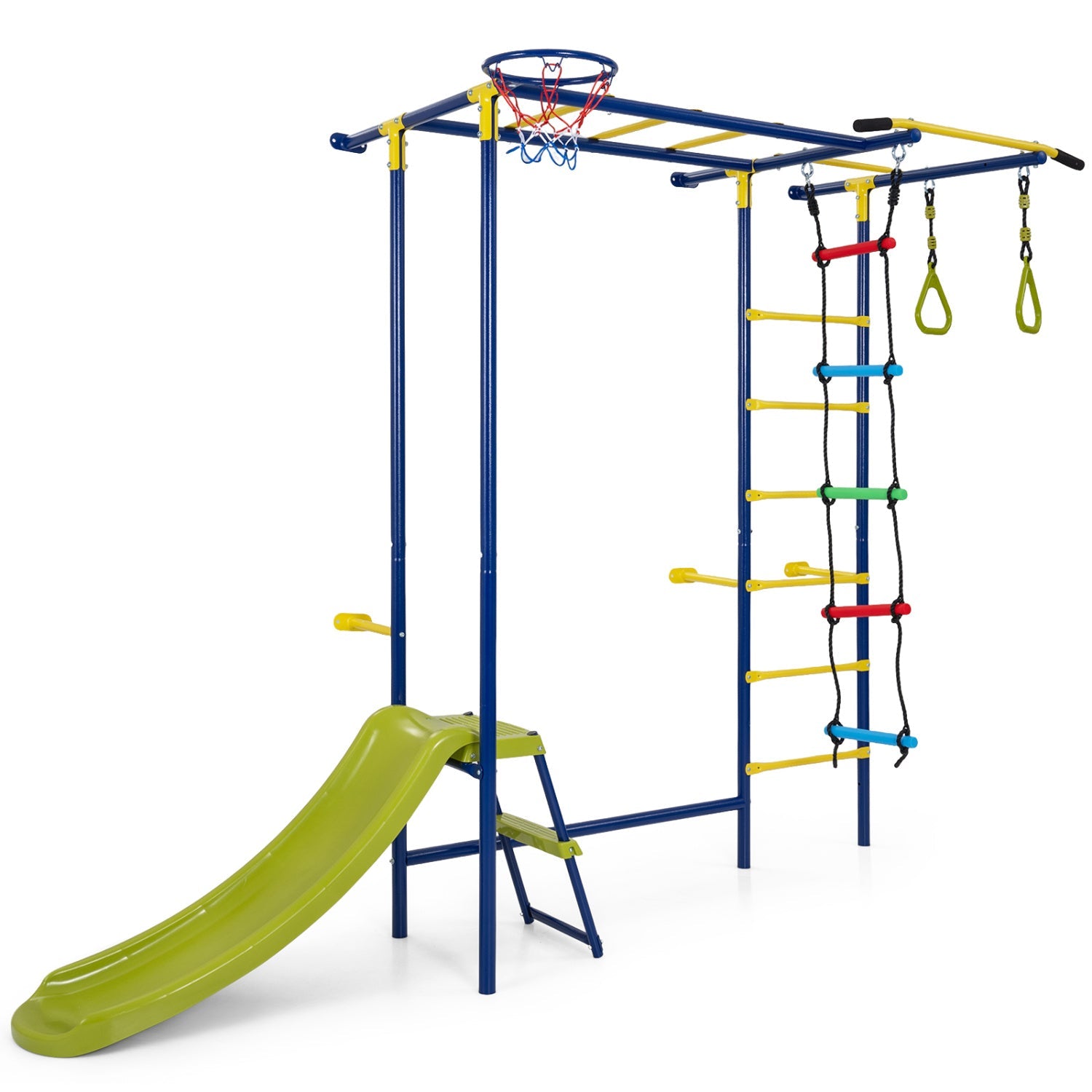 7-in-1 indoor jungle gym for toddlers by DirectDeals with blue frame, yellow accents, green slide on Tampa Home & Garden Store
