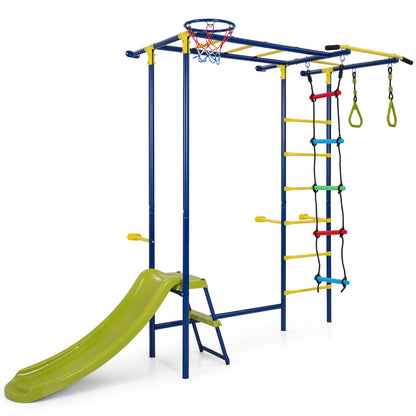 7-in-1 indoor jungle gym for toddlers by DirectDeals with blue frame, yellow accents, green slide on Tampa Home & Garden Store