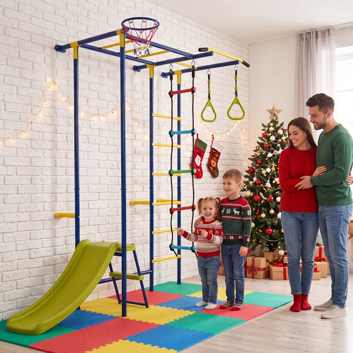 DirectDeals 7-in-1 indoor jungle gym with blue-yellow frame slide ladders rings and ropes on Tampa Home & Garden Store