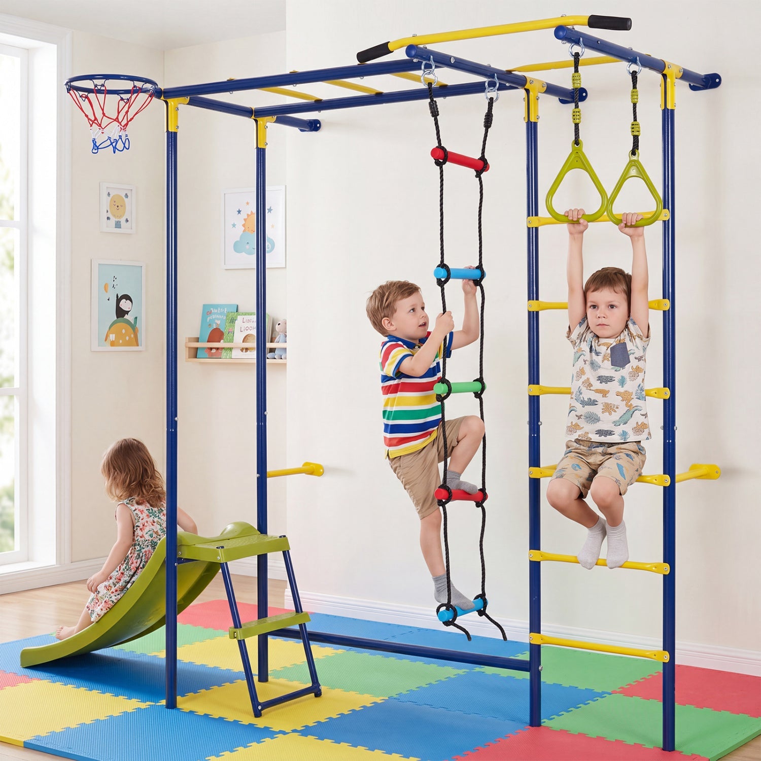 7-in-1 Indoor Jungle Gym with Slide & Rings blue frame yellow bars rope ladder for toddlers on Tampa Home & Garden Store