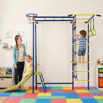 7-in-1 Indoor Jungle Gym for Toddlers with Slide & Rings, blue/yellow frame, kids playing on mats on Tampa Home & Garden Store