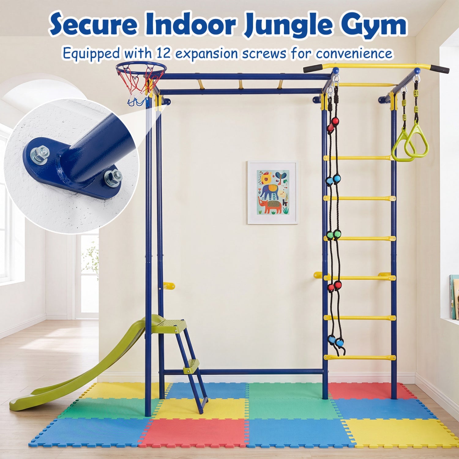 7-in-1 Indoor Jungle Gym for Toddlers with Slide & Rings, DirectDeals blue and yellow frame on Tampa Home & Garden Store