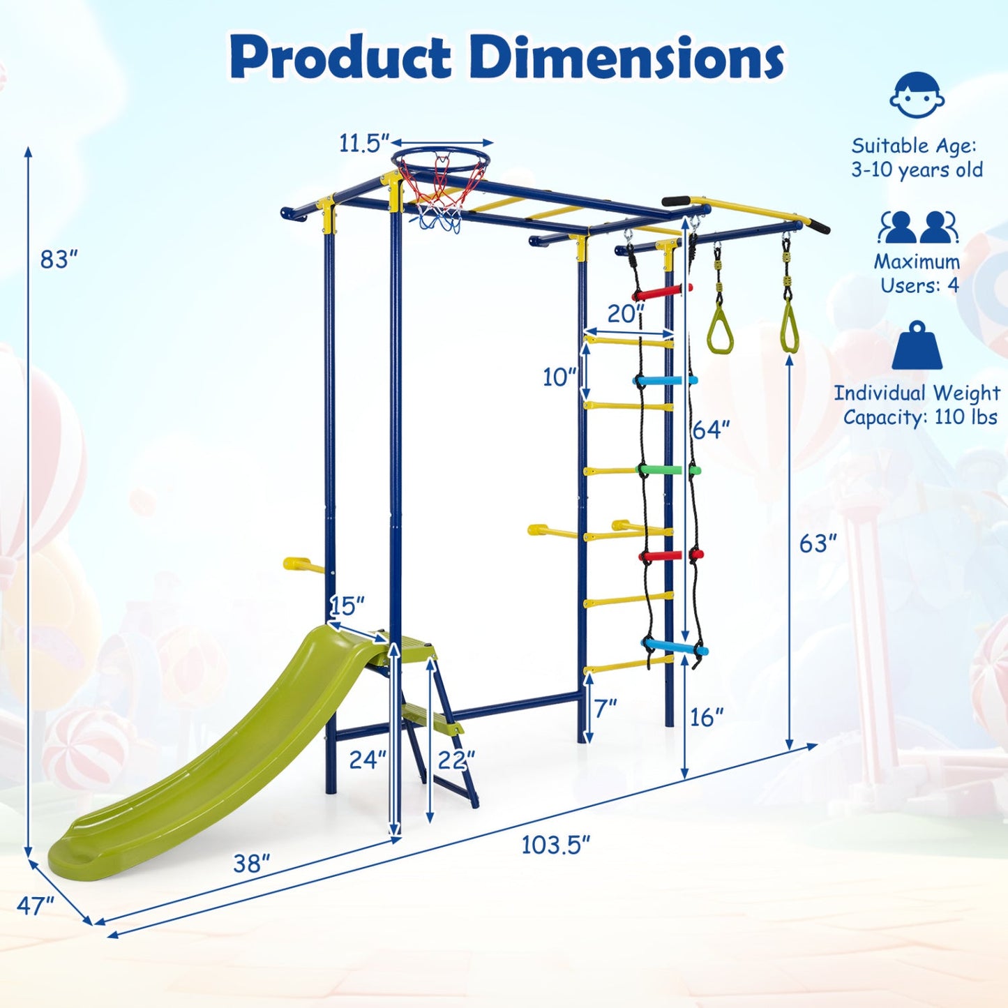 7-in-1 Indoor Jungle Gym for Toddlers DirectDeals blue/yellow steel frame with slide and rings on Tampa Home & Garden Store