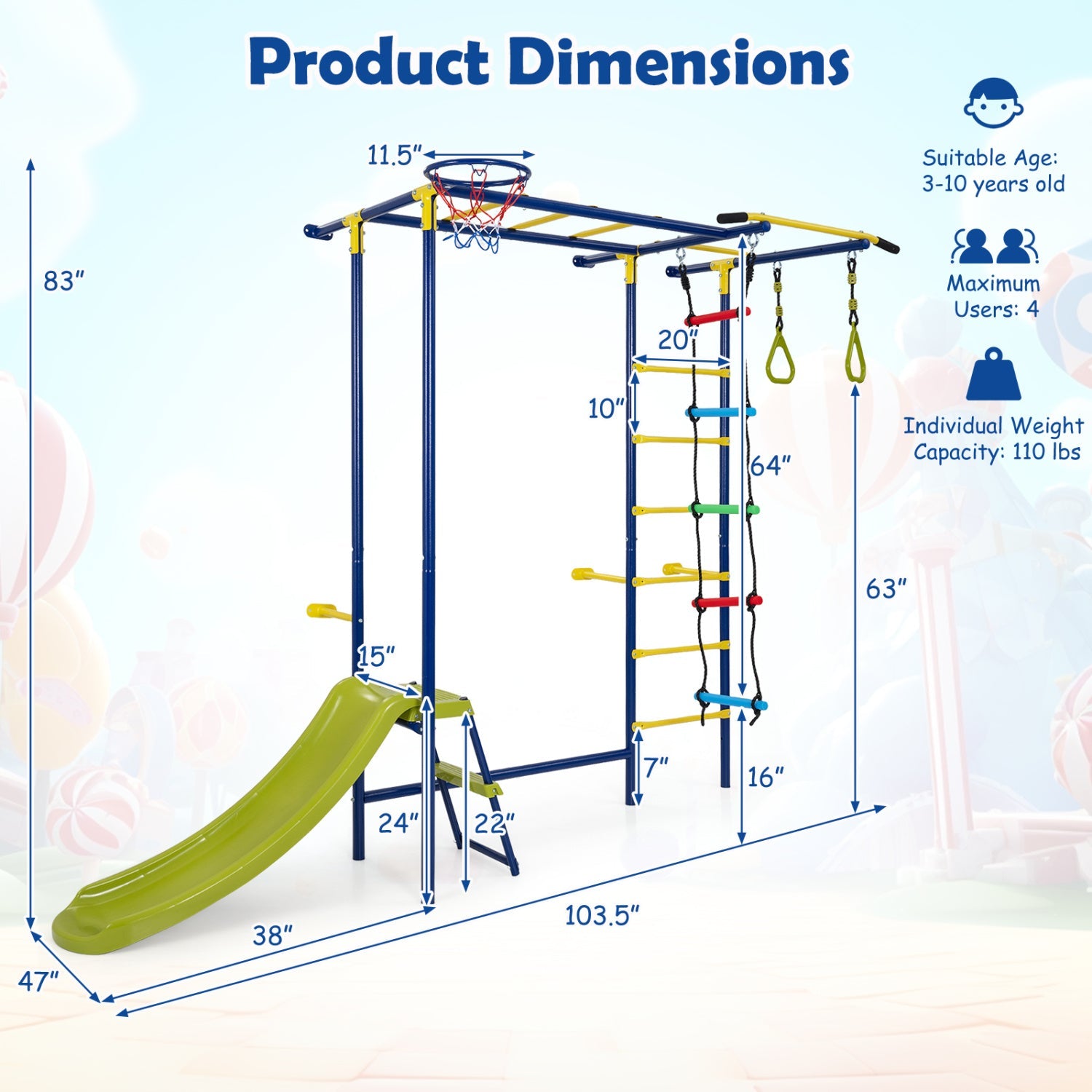 7-in-1 Indoor Jungle Gym for Toddlers DirectDeals blue/yellow steel frame with slide and rings on Tampa Home & Garden Store