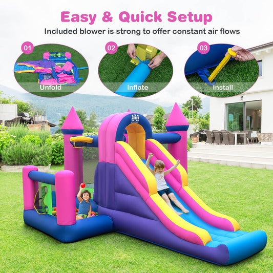 7-in-1 Kids Inflatable Bounce House with Long Slide and 735W Blower - Tampa Home & Garden Store