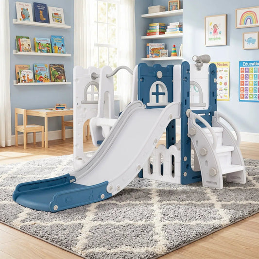 7-in-1 Toddler Swing and Slide Set with Basketball Hoop, blue and white climber, DirectDeals on Tampa Home & Garden Store