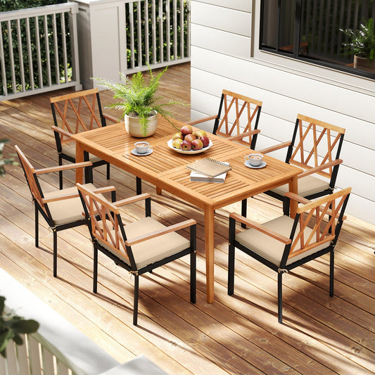 7 Piece Patio Acacia Wood Dining Set Solid Wooden Dining Furniture with Umbrella Hole - Tampa Home & Garden Store