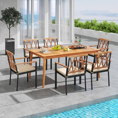 Juego de comedor de patio de madera de acacia de 7 piezas, muebles de comedor de madera maciza con orificio para sombrilla