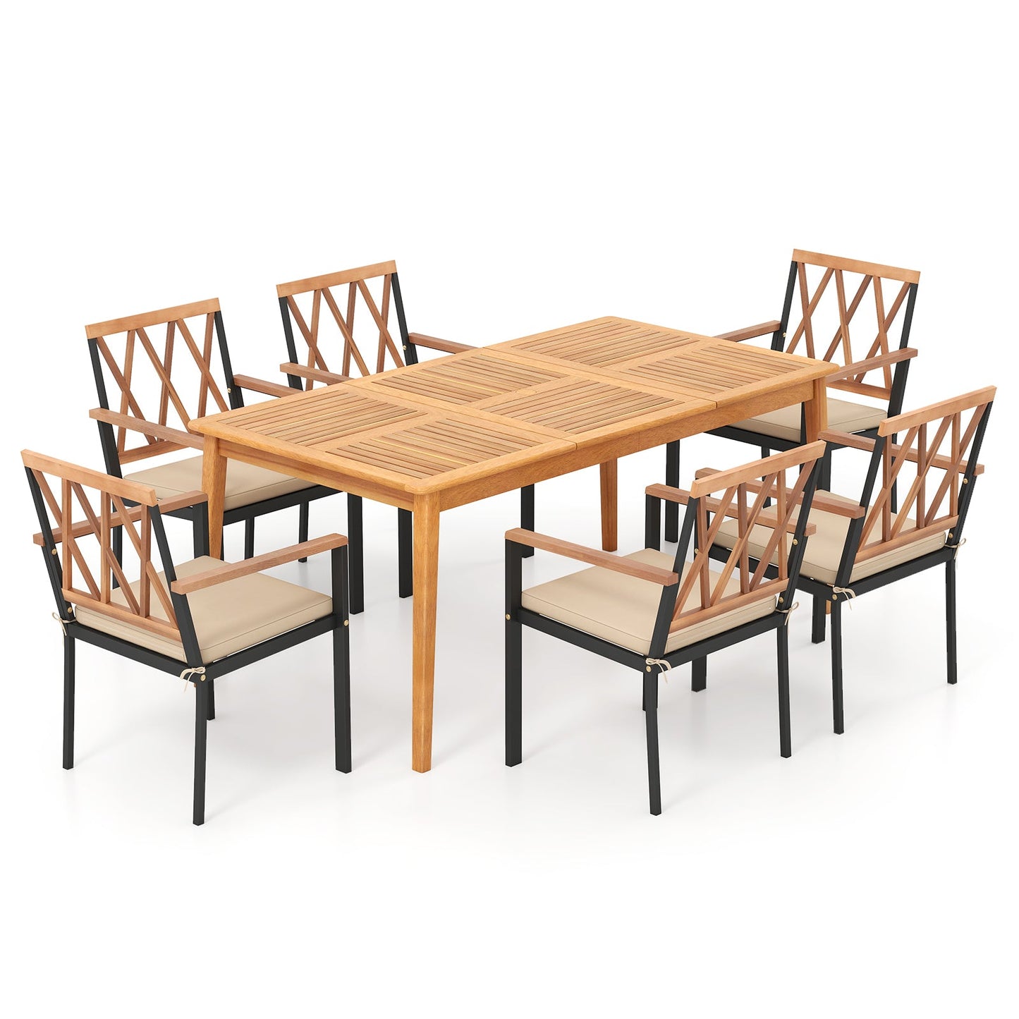 Juego de comedor de patio de madera de acacia de 7 piezas, muebles de comedor de madera maciza con orificio para sombrilla