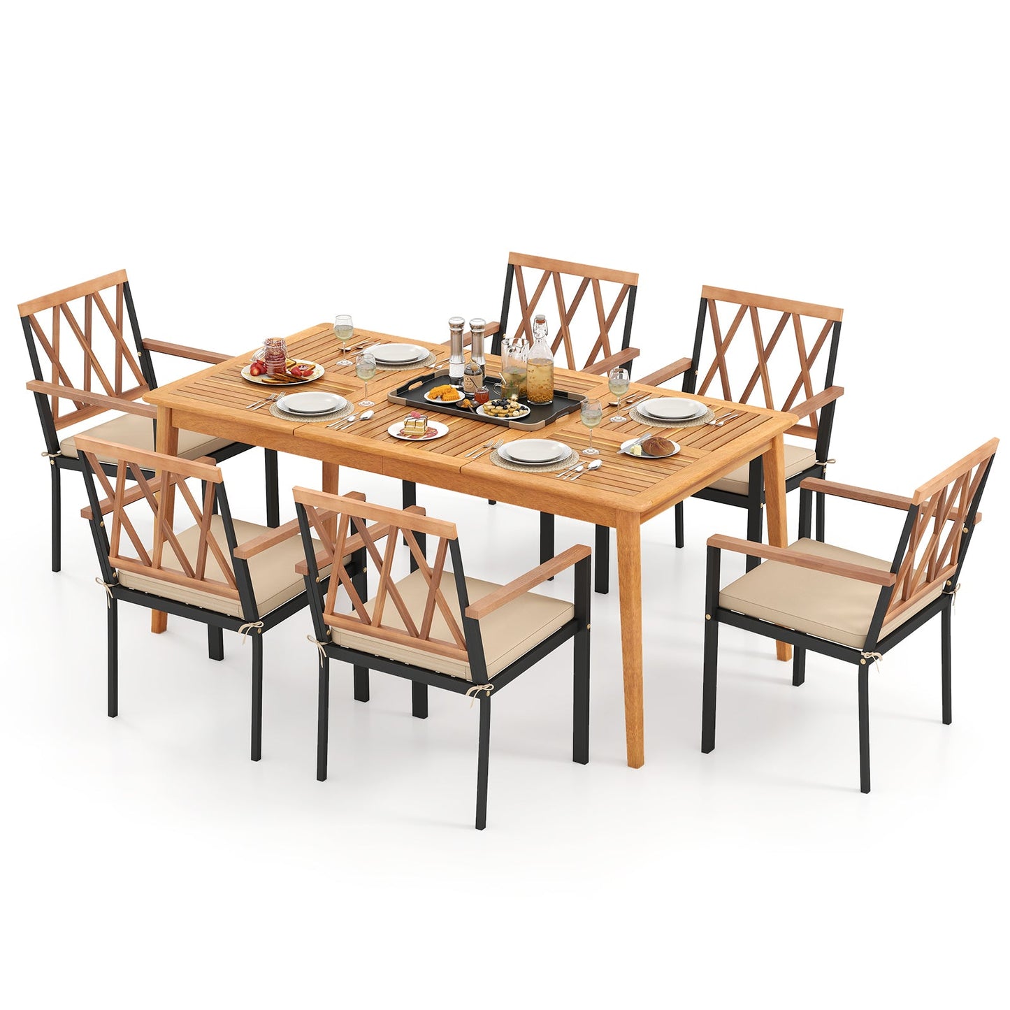 Juego de comedor de patio de madera de acacia de 7 piezas, muebles de comedor de madera maciza con orificio para sombrilla