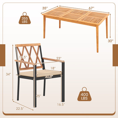 Juego de comedor de patio de madera de acacia de 7 piezas, muebles de comedor de madera maciza con orificio para sombrilla