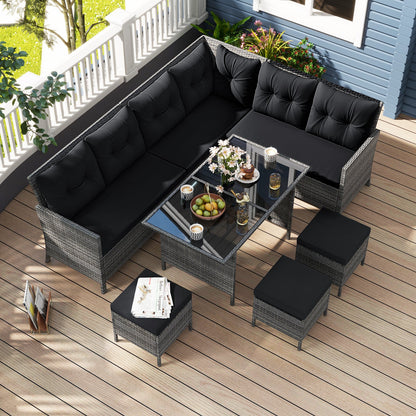 7 Pieces Patio Dining Furniture Set with Soft Cushions and Ottomans