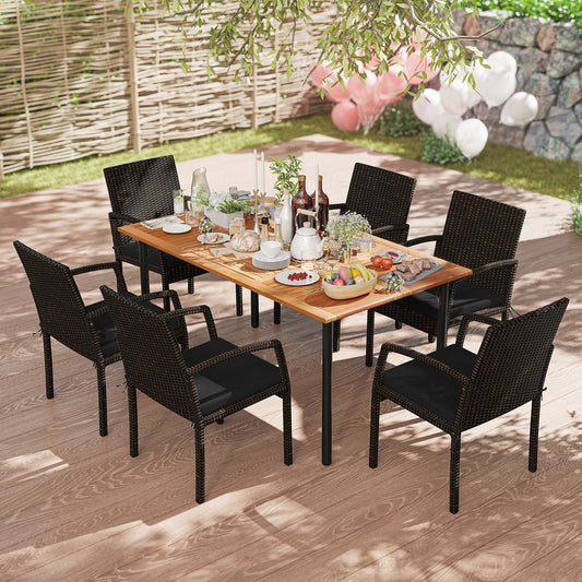 7 Pieces Outdoor Dining Set Acacia Wood Table with Umbrella Hole and Cushions - Tampa Home & Garden Store