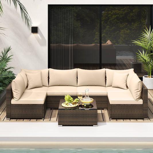 7 Pieces Patio Rattan Furniture Set with Sectional Sofa Cushions-Beige - Tampa Home & Garden Store