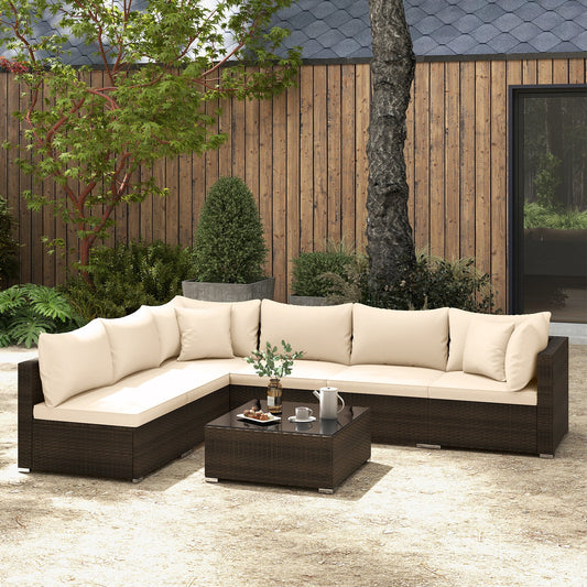 7 Pieces Patio Rattan Furniture Set with Sectional Sofa Cushions-Beige - Tampa Home & Garden Store
