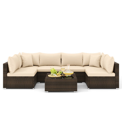 7 Pieces Patio Rattan Furniture Set with Sectional Sofa Cushions-Beige