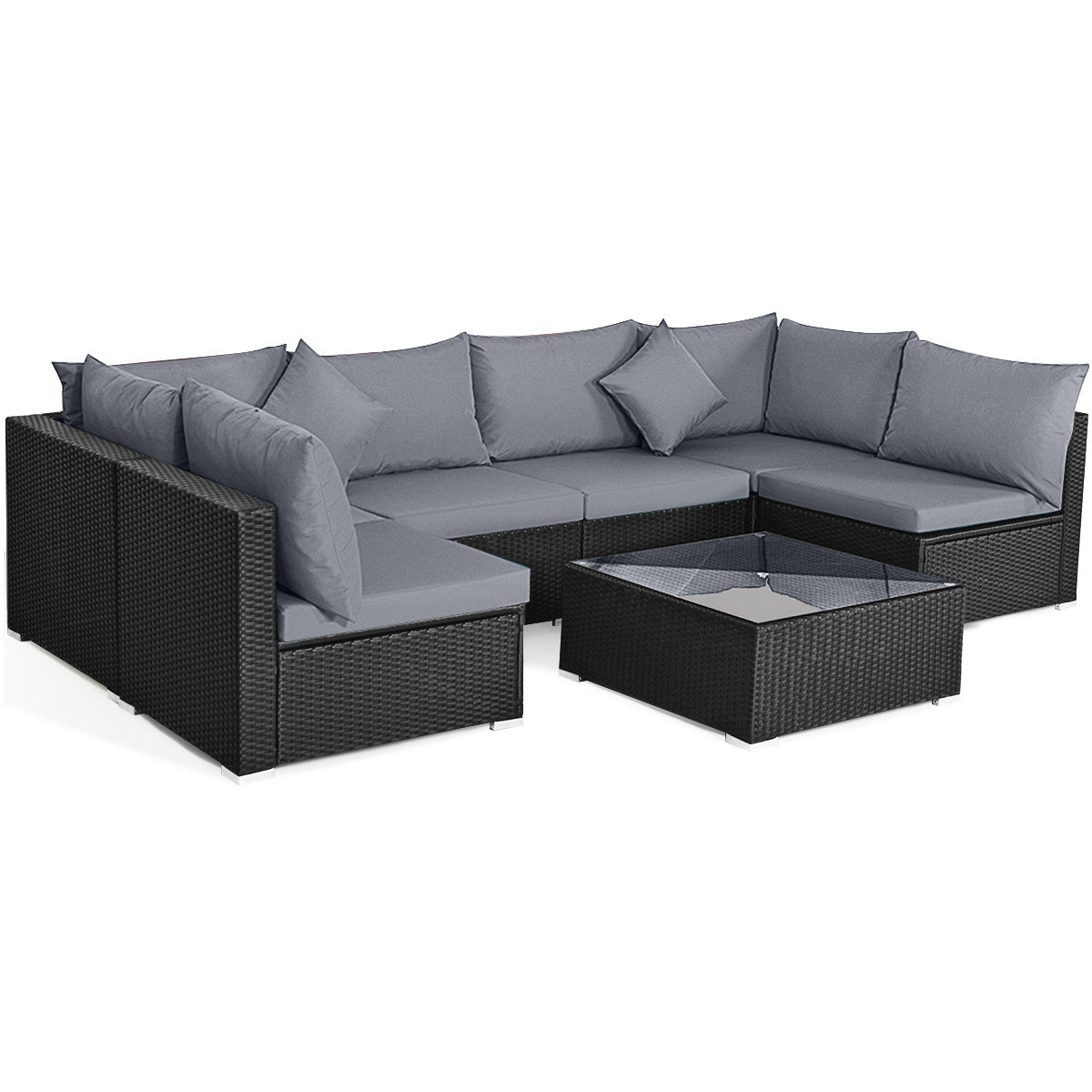 Juego de Sofá Seccional Exterior de 7 Piezas de Ratán para Patio con Tapa de Cristal Templado - Azul Marino