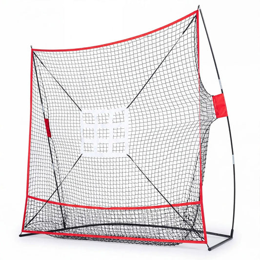 Baseball Practice Net 7x7.4 ft with strike zones by DirectDeals; red frame, black net on Tampa Home & Garden Store