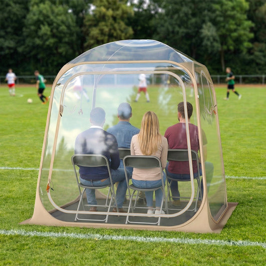 GemGear 7x7 ft pop-up sports tent with clear bubble panels, 4 seats, sealed floor on grass on Tampa Home & Garden Store