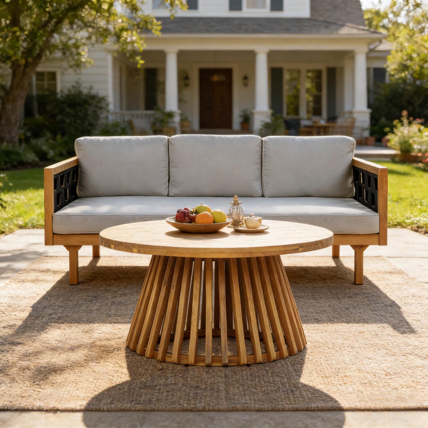 Luxury acacia wood outdoor daybed set with gray cushions by HouseOfZazla on Tampa Home & Garden Store