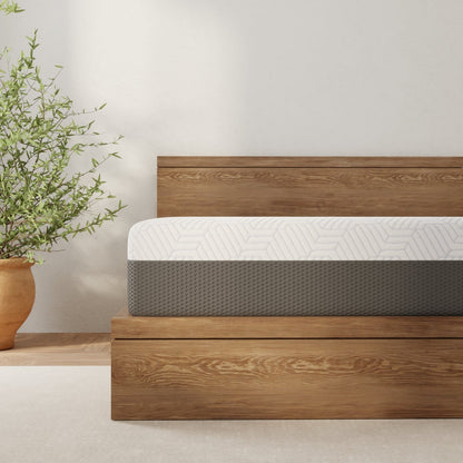 Omne Fria 12 Inch Queen Soft Mattress with cooling cover on a wooden platform bed on Tampa Home & Garden Store