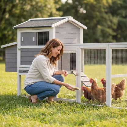 HouseOfZazla chicken coop with run and nesting box, gray wood with white trim and wire mesh on Tampa Home & Garden Store