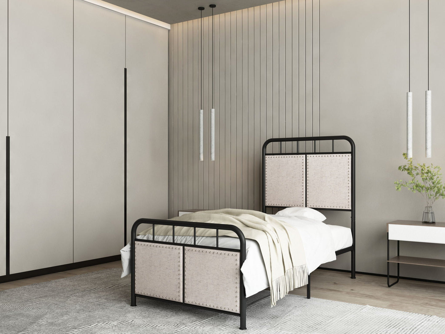 Twin Size Linen and Metal Upholstered Bed Frame