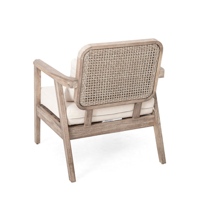 Outdoor Acacia Wood Patio Club Chair with woven wicker back and light weathered finish by HouseOfZazla on Tampa Home & Garden Store
