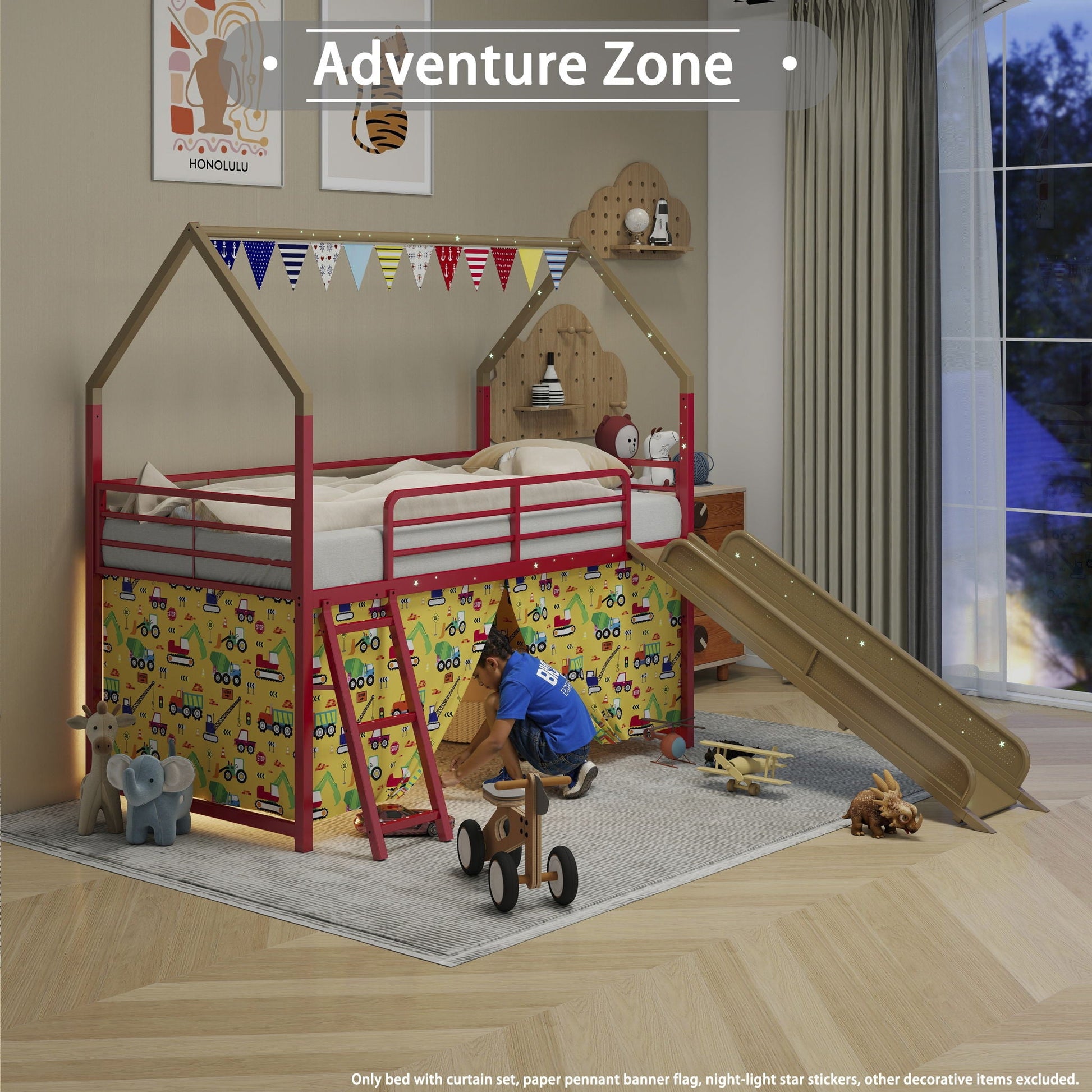 Jack House loft bed with slide and curtain set, red frame and vehicle panels by HouseOfZazla on Tampa Home & Garden Store