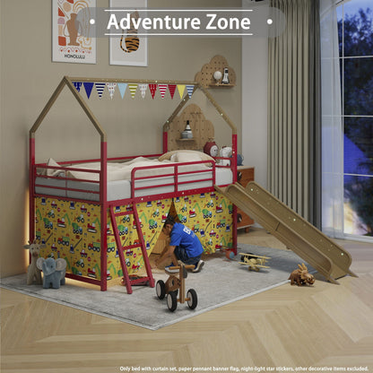 Jack House loft bed with slide and curtain set, red frame and vehicle panels by HouseOfZazla on Tampa Home & Garden Store