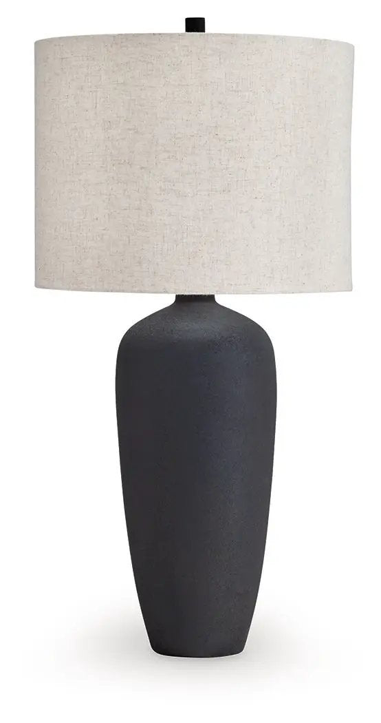 Ryenburg metal table lamp black with beige fabric drum shade on Tampa Home & Garden Store
