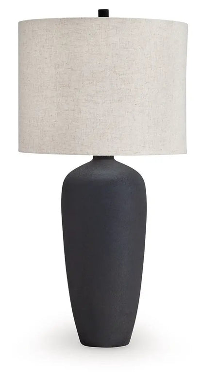 Ryenburg metal table lamp black with beige fabric drum shade on Tampa Home & Garden Store