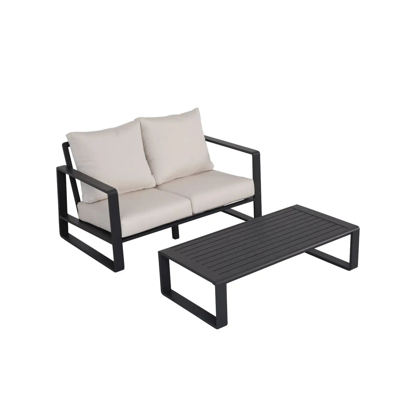 Sofa with rectangular coffee table 2-piece set black metal frame beige cushions Unique Piece on Tampa Home & Garden Store