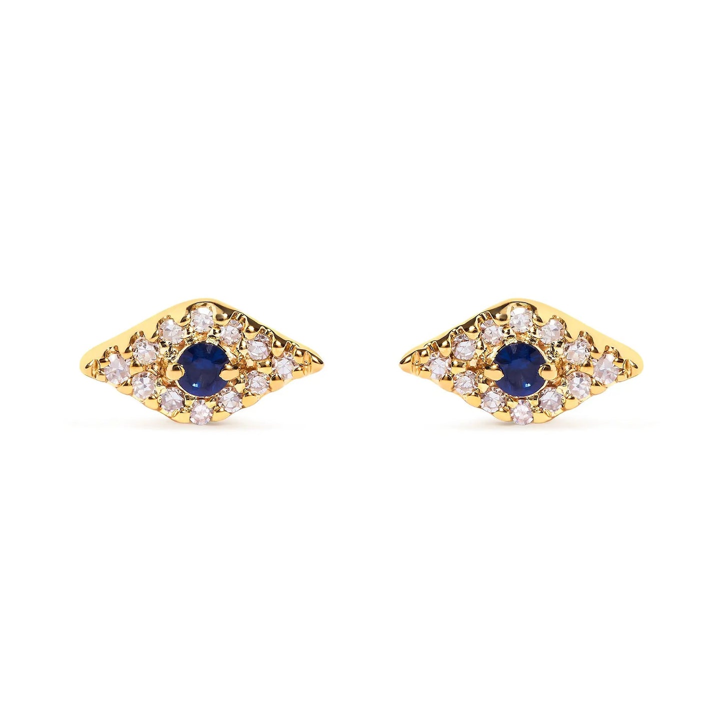 Earrings: 10K yellow gold evil eye studs with blue sapphire centers and diamond accents, pair on Tampa Home & Garden Store