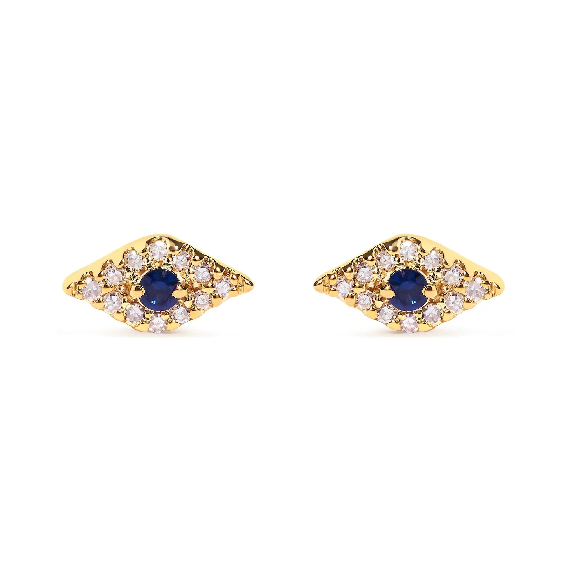 Earrings: 10K yellow gold evil eye studs with blue sapphire centers and diamond accents, pair on Tampa Home & Garden Store