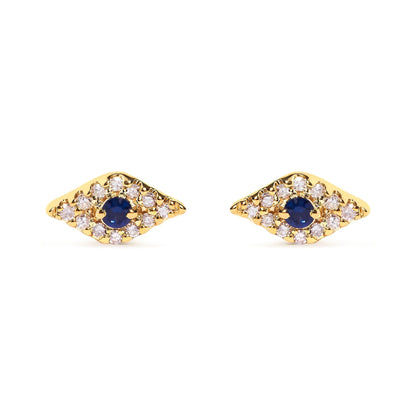 Earrings: 10K yellow gold evil eye studs with blue sapphire centers and diamond accents, pair on Tampa Home & Garden Store