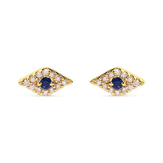 Earrings: 10K yellow gold evil eye studs with blue sapphire centers and diamond accents, pair on Tampa Home & Garden Store