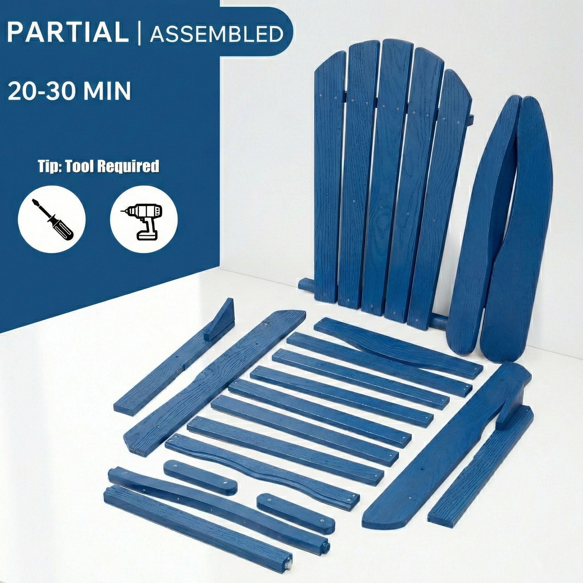 Folding Adirondack chair components in navy blue embossed grain for patio assembly on Tampa Home & Garden Store
