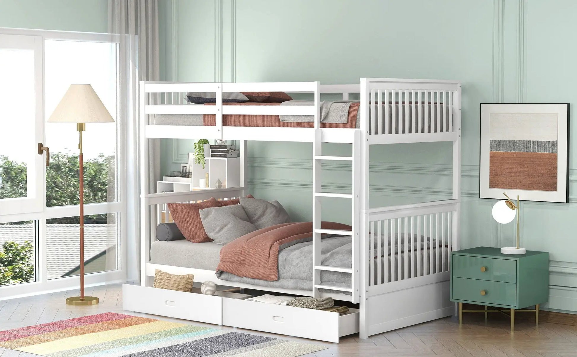 White bunk bed with ladders and two under-bed storage drawers on Tampa Home & Garden Store