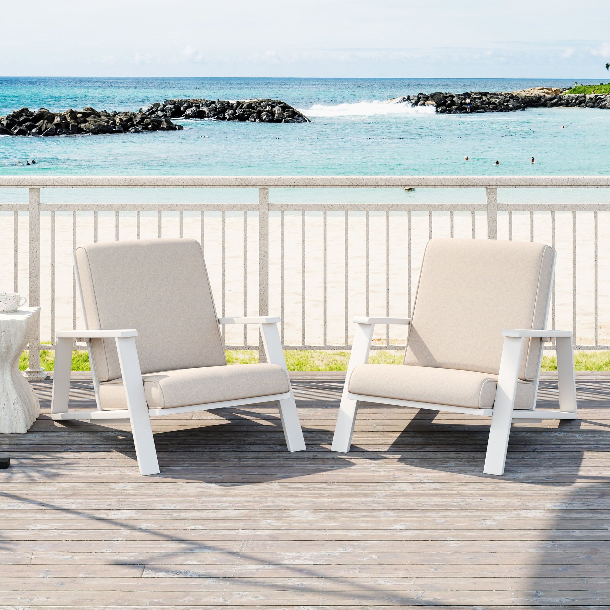 Outdoor Patio Lounge Chair Set of 2 with beige cushions and white frames on a wooden deck on Tampa Home & Garden Store
