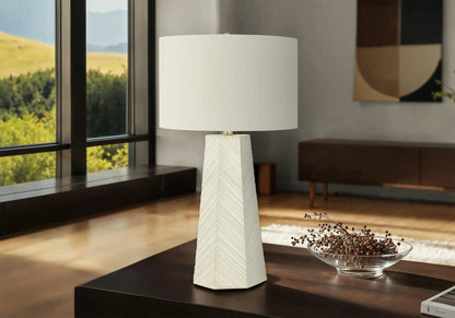 Table lamp ceramic contemporary white with a textured diagonal base and white shade on Tampa Home & Garden Store