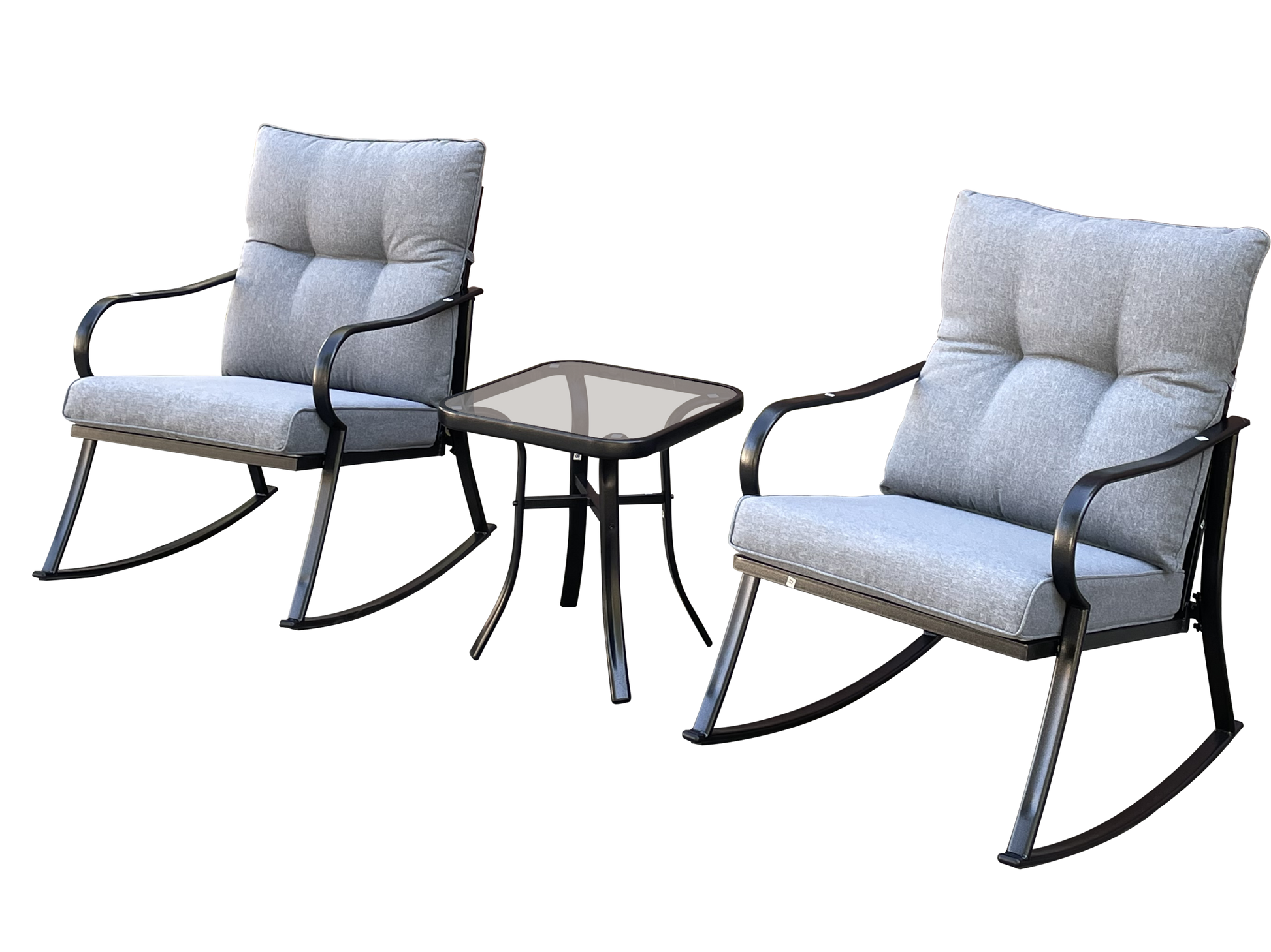 Rocker Set Chair and Teapoy Medium Grey with two cushioned stationary chairs and a glass-topped side table on Tampa Home & Garden Store