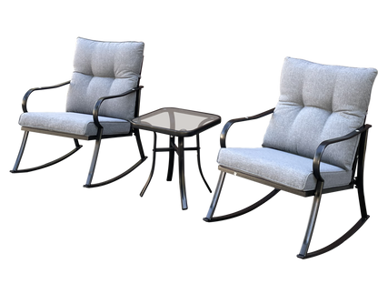 Rocker Set Chair and Teapoy Medium Grey with two cushioned stationary chairs and a glass-topped side table on Tampa Home & Garden Store